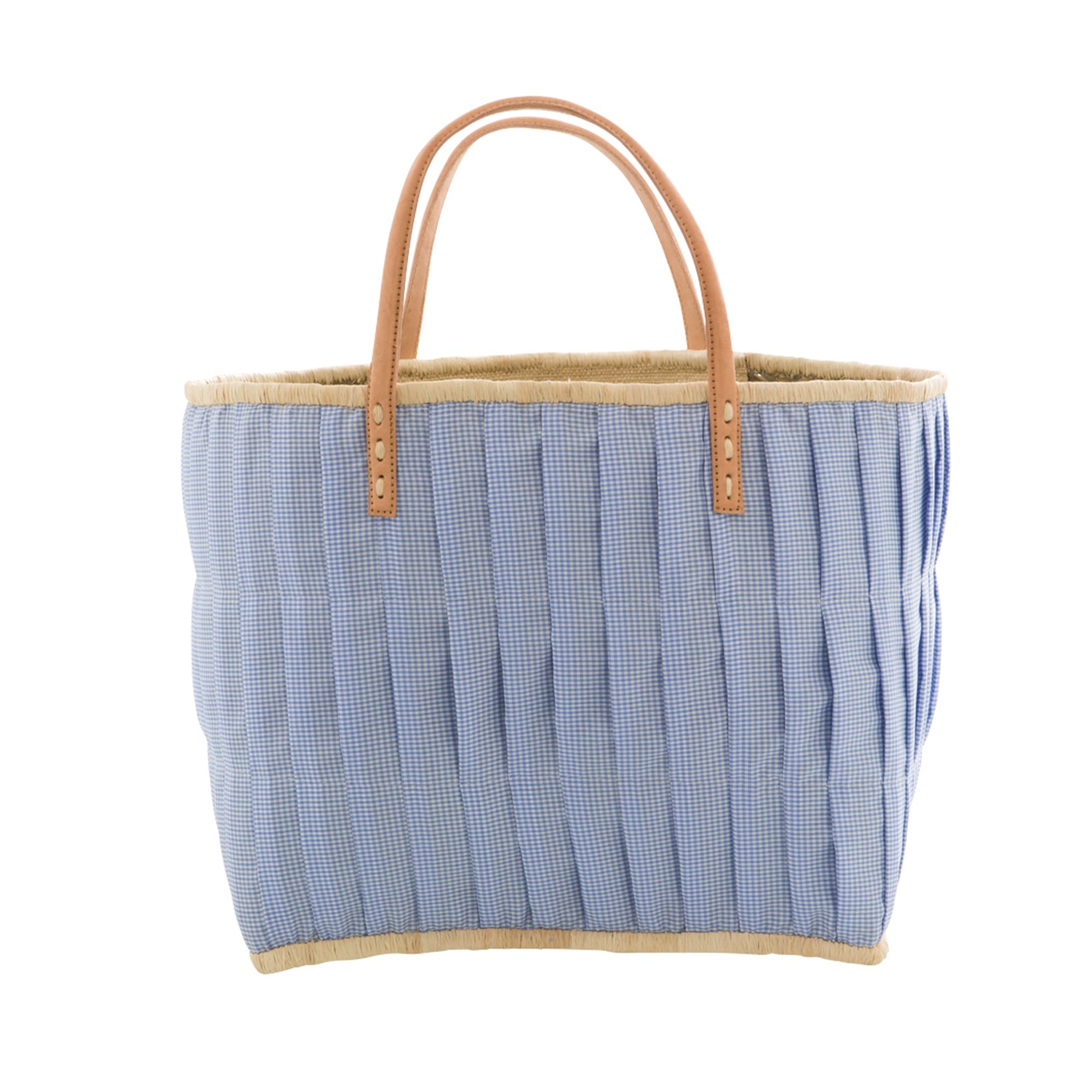 Rice Raffia Korbtasche vichy Hellblau mit Lederhenkel Large