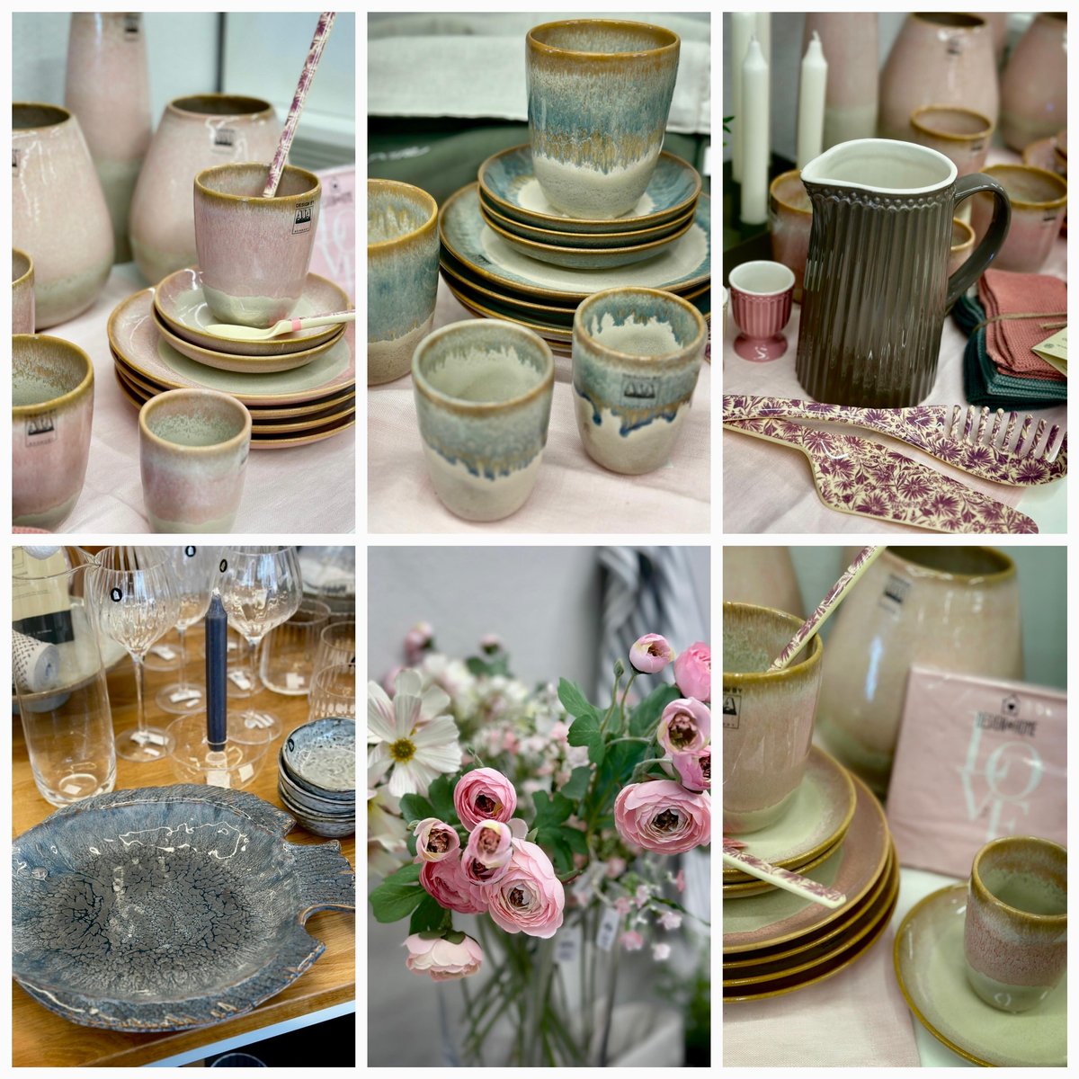 Sechsteilige Bildcollage: handgefertigtes Keramikgeschirr in Rose- und Gruentoenen, Glaeser, eine Glasschale und ein Strauss rosa Ranunkeln