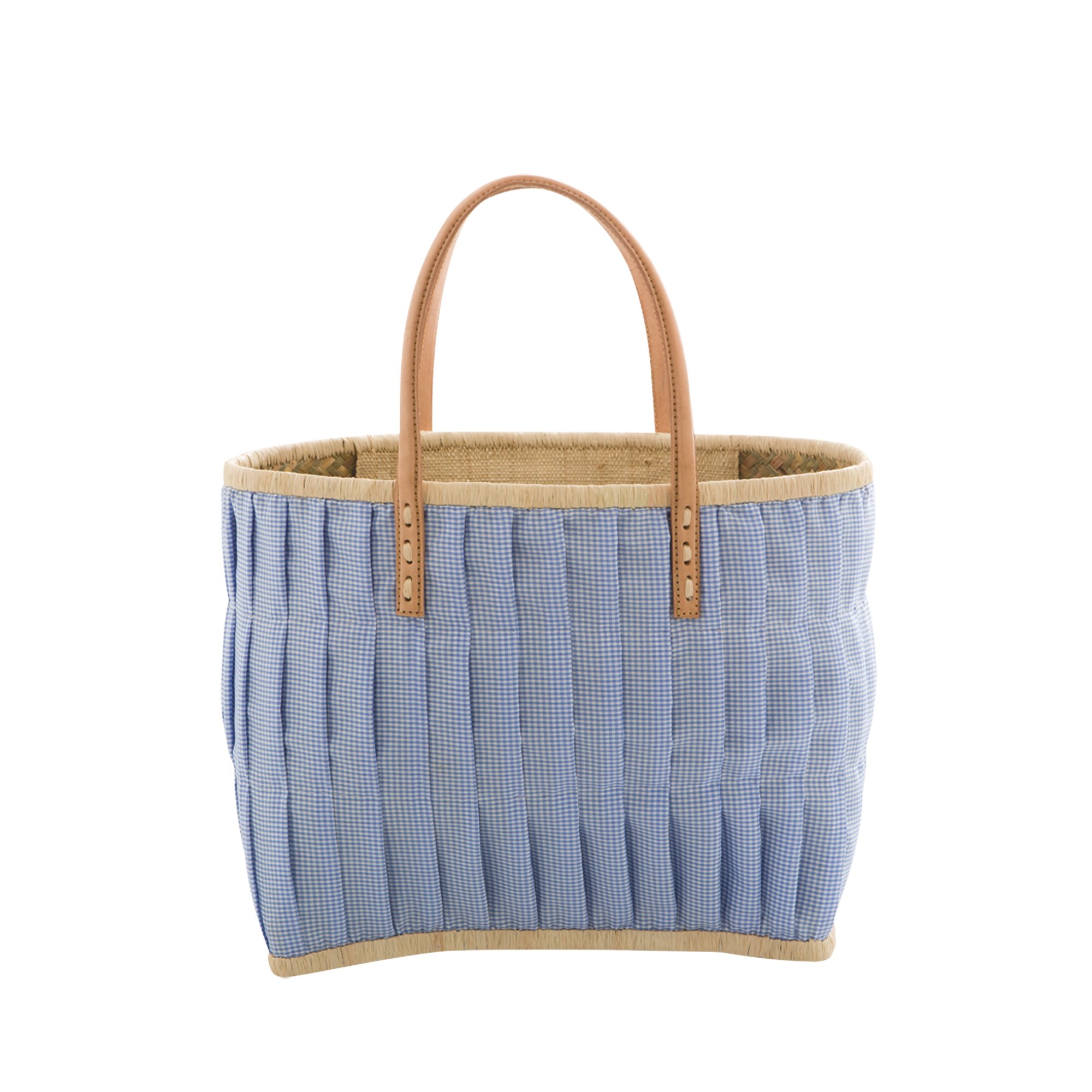 Rice Raffia Korbtasche vichy Hellblau mit Lederhenkel Medium
