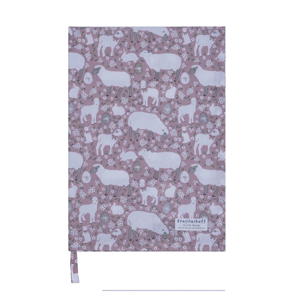 Krasilnikoff Geschirrtuch Lämmchen und Hasen Rosé