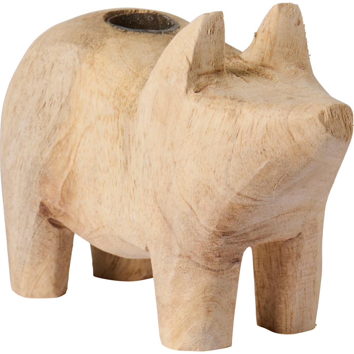 Kerzenhalter f/1,3 cm Kerze Schwein UNIKA Holz m/Metalleinsatz