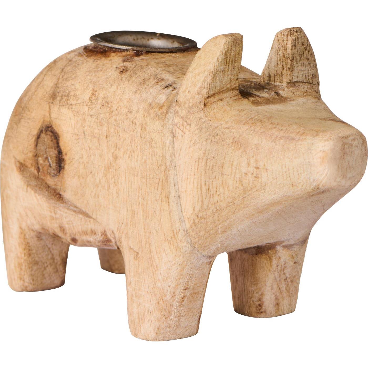 Kerzenhalter f/2,2 cm Kerze Schwein UNIKA Holz m/Metalleinsatz