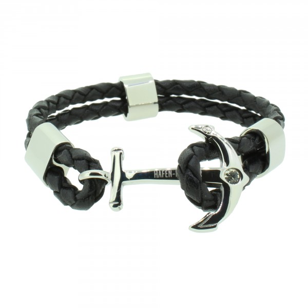 HAFEN-KLUNKER Anker Armband Edelstahl Leder Zirkonia schwarz silber 20 cm