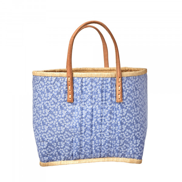 Rice Raffia Korbtasche Hellblau Blumenmuster mit Lederhenkel Medium
