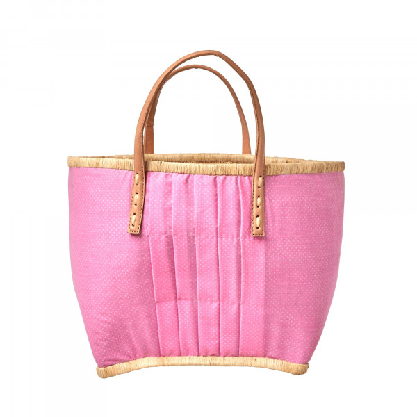 Rice Raffia Korbtasche Pink mit weißen Punkten mit Lederhenkel Medium