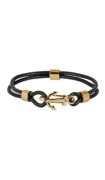 HAFEN-KLUNKER Anker Armband Edelstahl Leder Zirkonia gold 19 cm