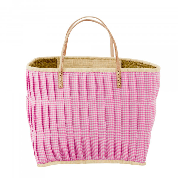 Rice Raffia Korbtasche Pink Karomuster mit Lederhenkel Large