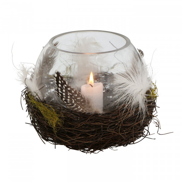 Glas-Windlicht Natur mit Federn H 14 cm